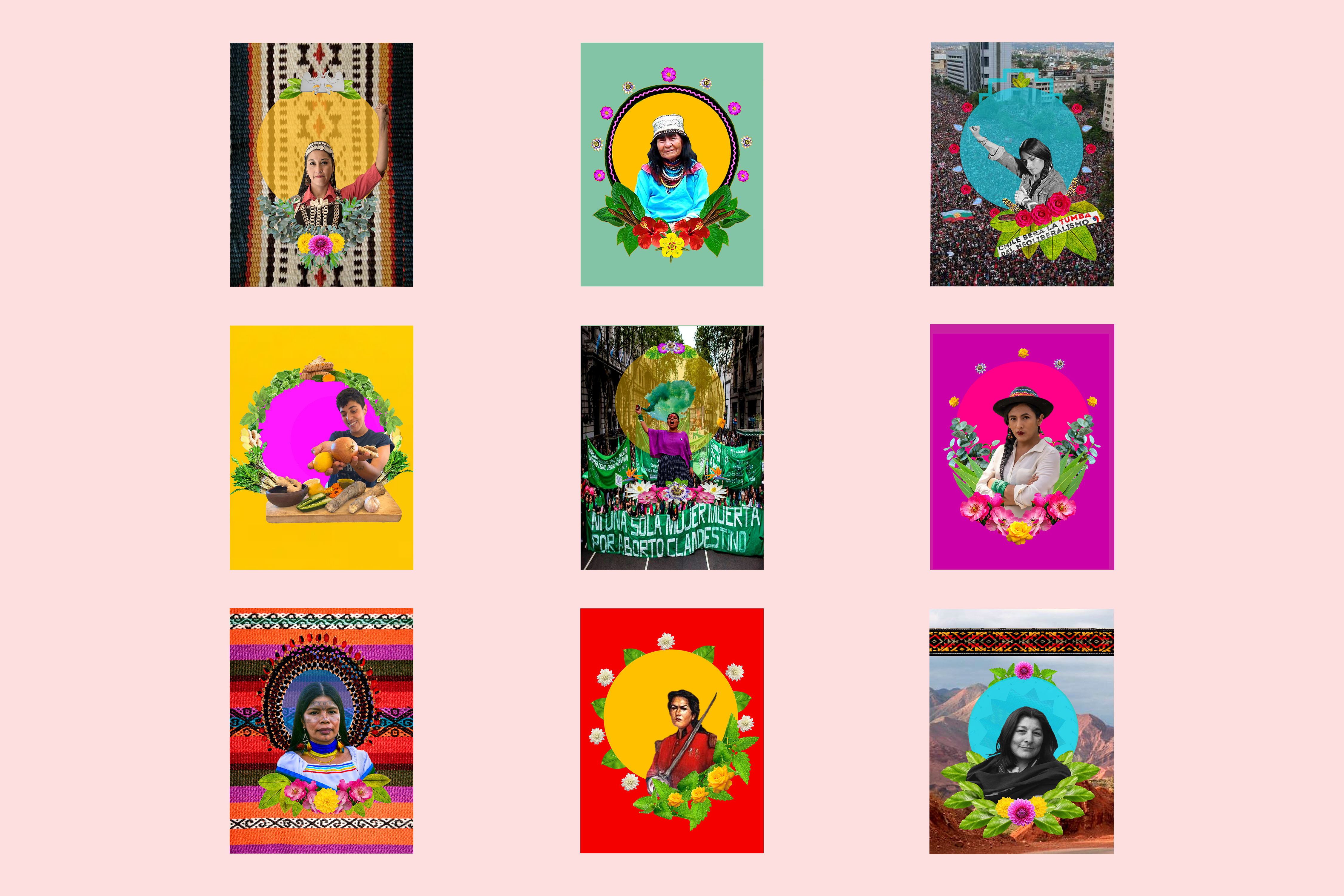 Against a pale pink background, nine portraits show people with  medium skin against vividly coloured backgrounds. Some are made up of solid blocks  of colour and others are backed by images like crowds of people, a mountain landscape,  or city buildings.