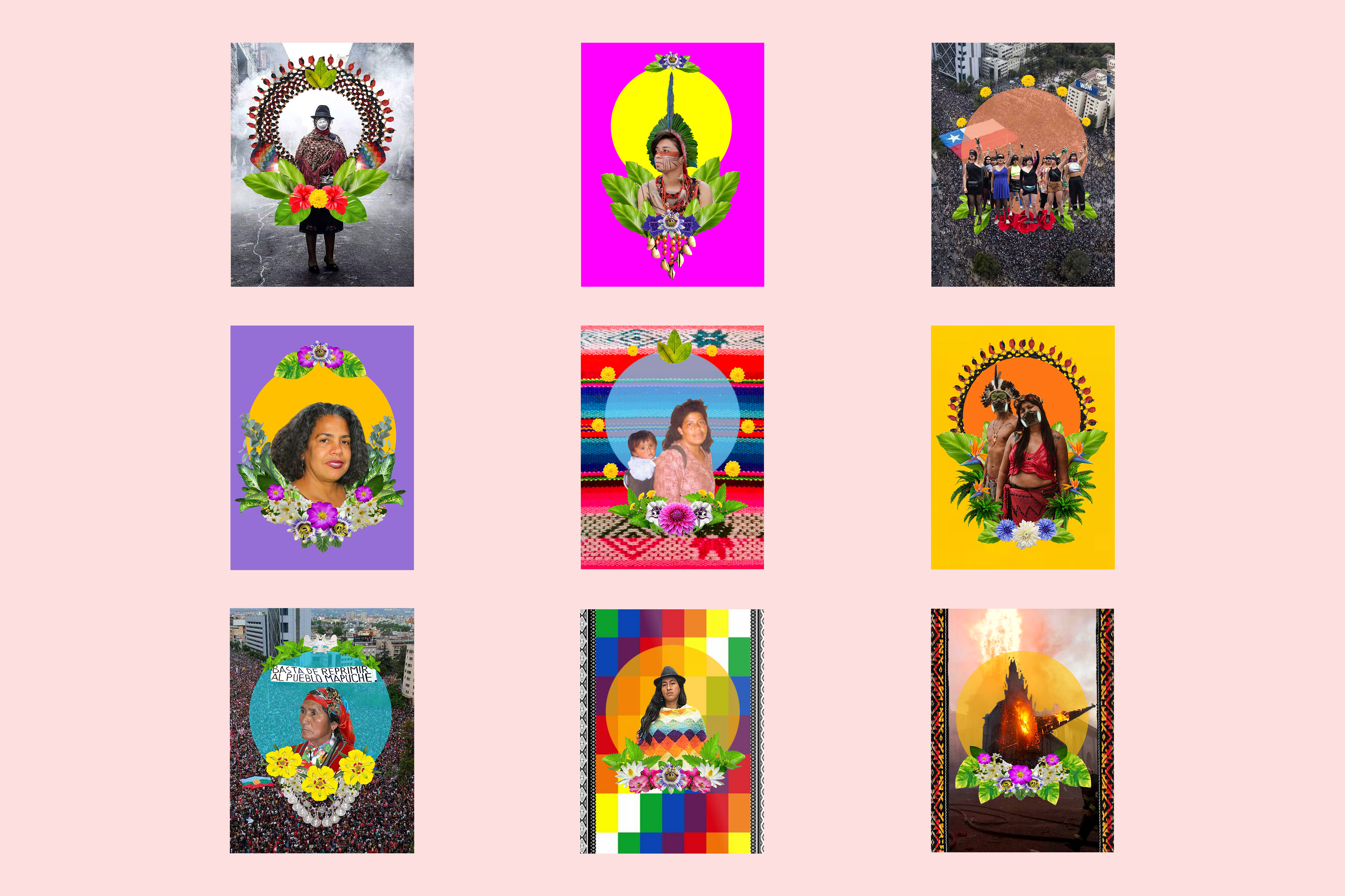 Against a pale pink background, nine portraits show people with medium skin against vividly coloured backgrounds. Some are made up of solid blocks of colour and others are backed by images like crowds of people, steam, or fire and smoke.
