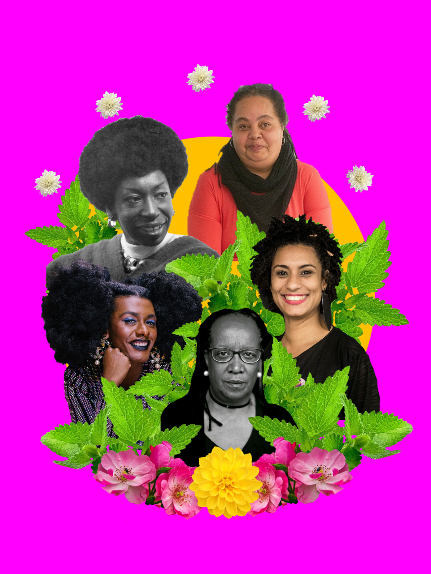 Five women of colour are arranged in a circle, separated by leaves. Two images are black and white and the other three in colour. They are against a yellow disc within a neon-purple field.