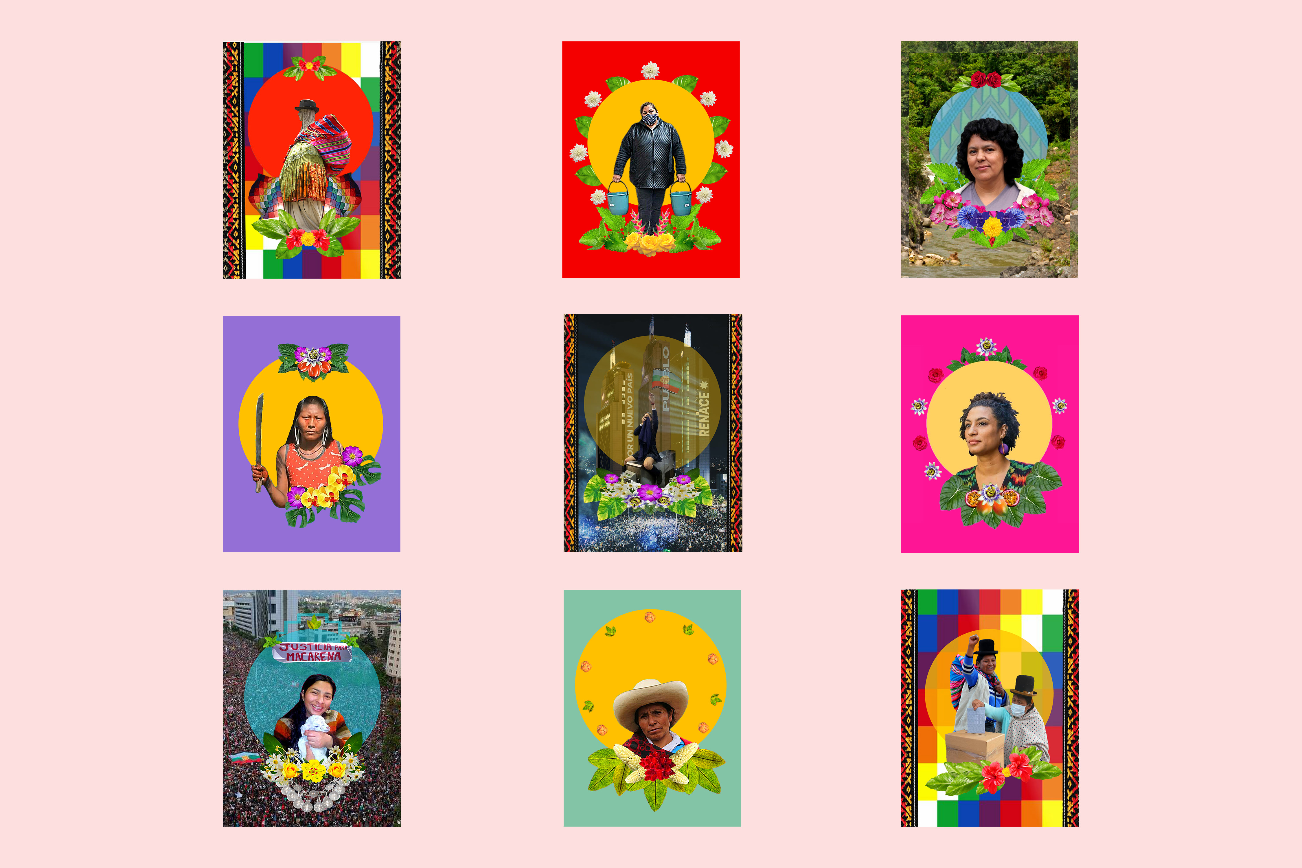 Against a pale pink background, nine portraits show people with  medium skin against vividly coloured backgrounds. Some are made up of solid blocks  of colour and others are backed by images like trees, a city building, and a crowd.