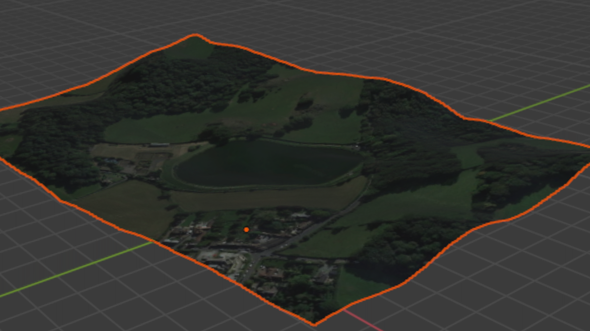 Video gif. Two views alternate fairly quickly. One shows a green terrain enclosed in a fluorescent orange border against a grid. The second is a close-up view of what might be a pond at the centre.