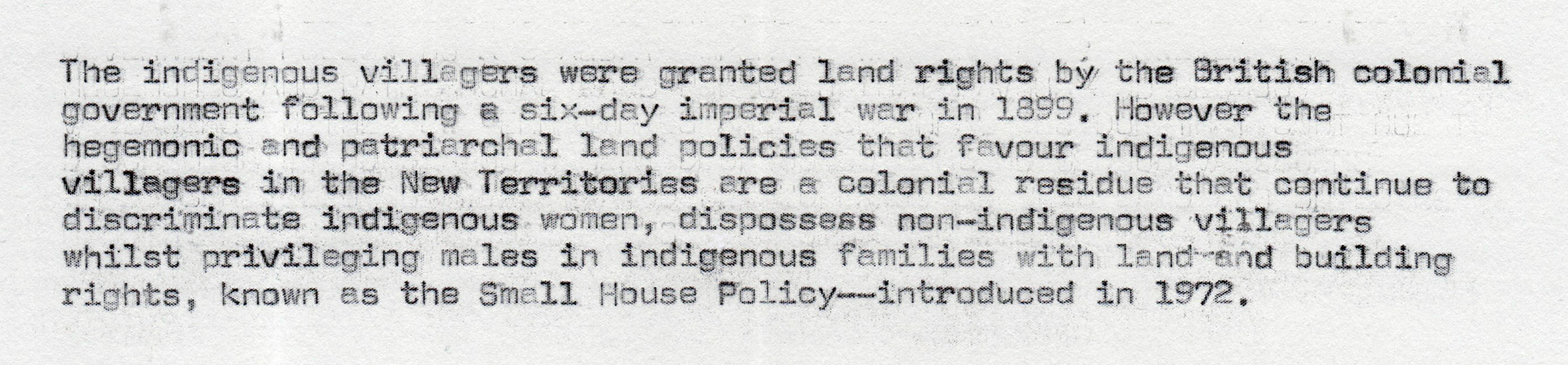 Excerpt from a zine page. Typewritten text begins, “The indigenous villagers were granted land rights by the British colonial government following a six-day imperial war in 1899”.