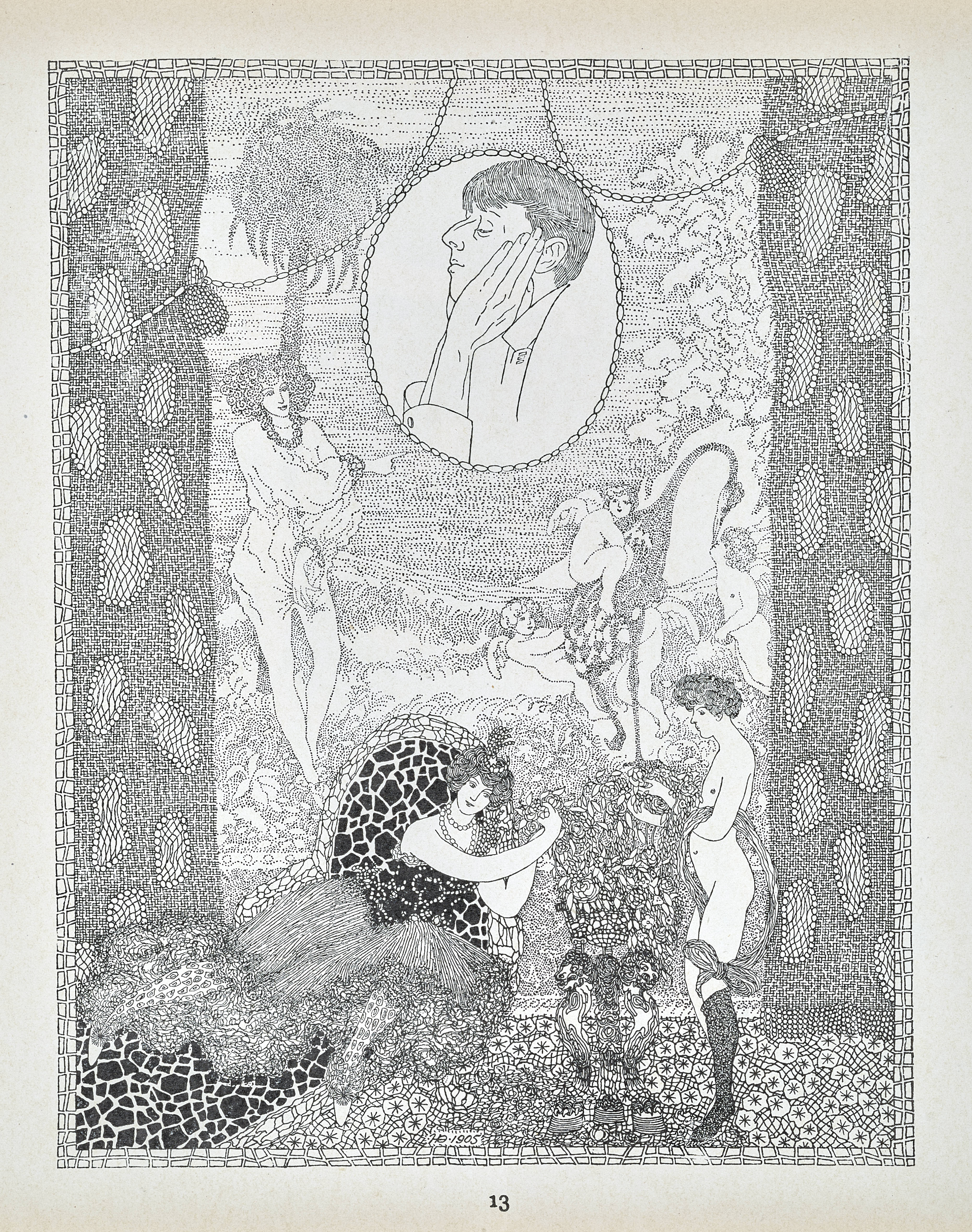 Illustration. Delicate black lines and stippling make out a scene with women and winged, baby-like putto standing and lounging in a surreal, formless landscape. An oval portrait of a man with a beaked nose and face resting in long-fingered hands hangs above.