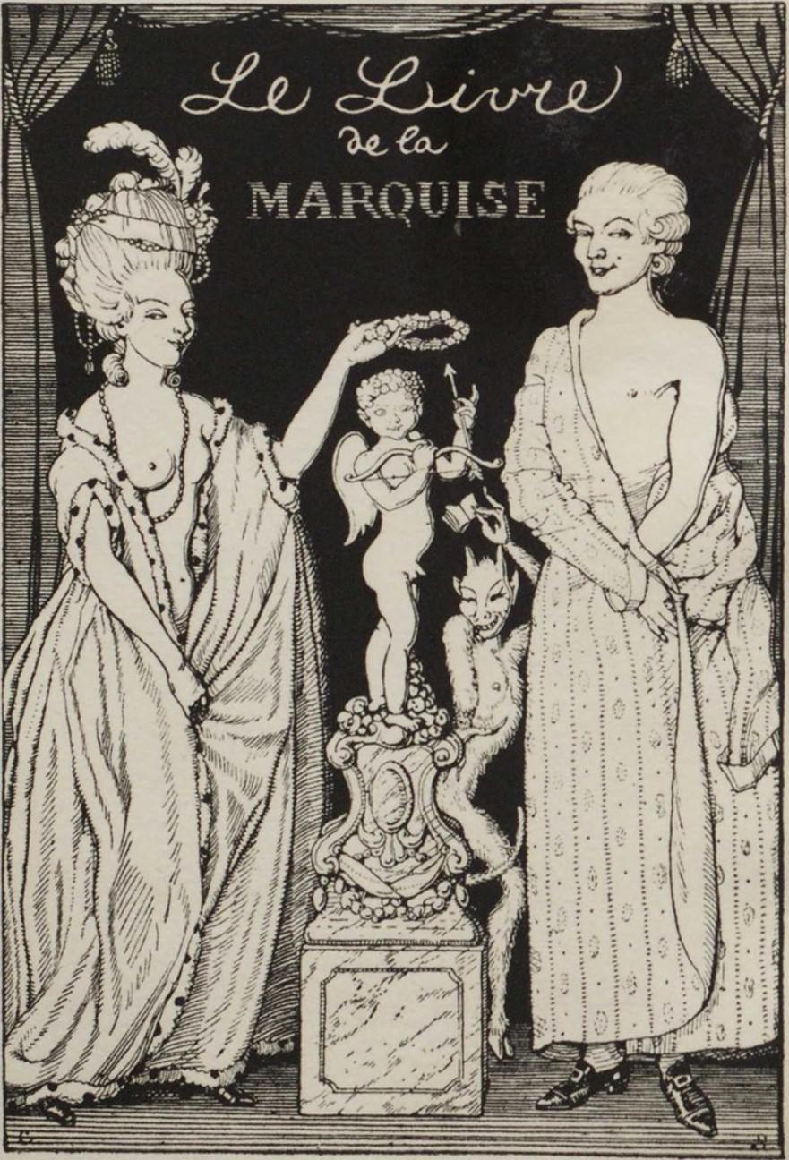 illustration. A man and woman, both wearing wigs, stand to either side of a statue of a winged Cupid. Both people smile with slitted eyes under cocked eyebrows, and their robes fall to reveal the bare chests. A demon also smiles and looks at us from behind the statue. Cursive script above reads “Le Livre de la Marquise”.