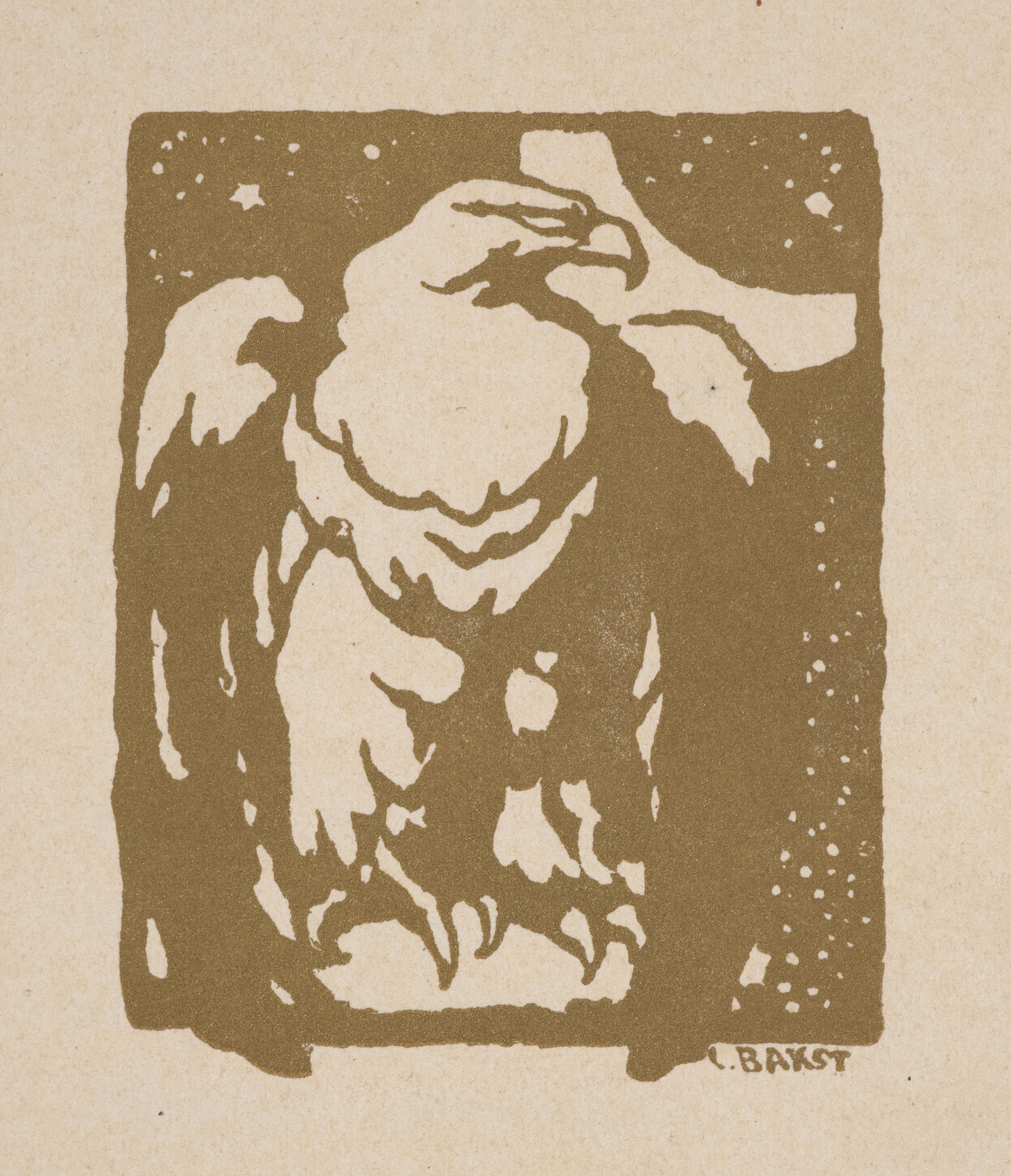 Page of a journal. In this print, an eagle looks to our right with a slitted eye against a starry night sky with a crescent moon. The forms are made with wide, bold, brown lines against the faded cream of the page.
