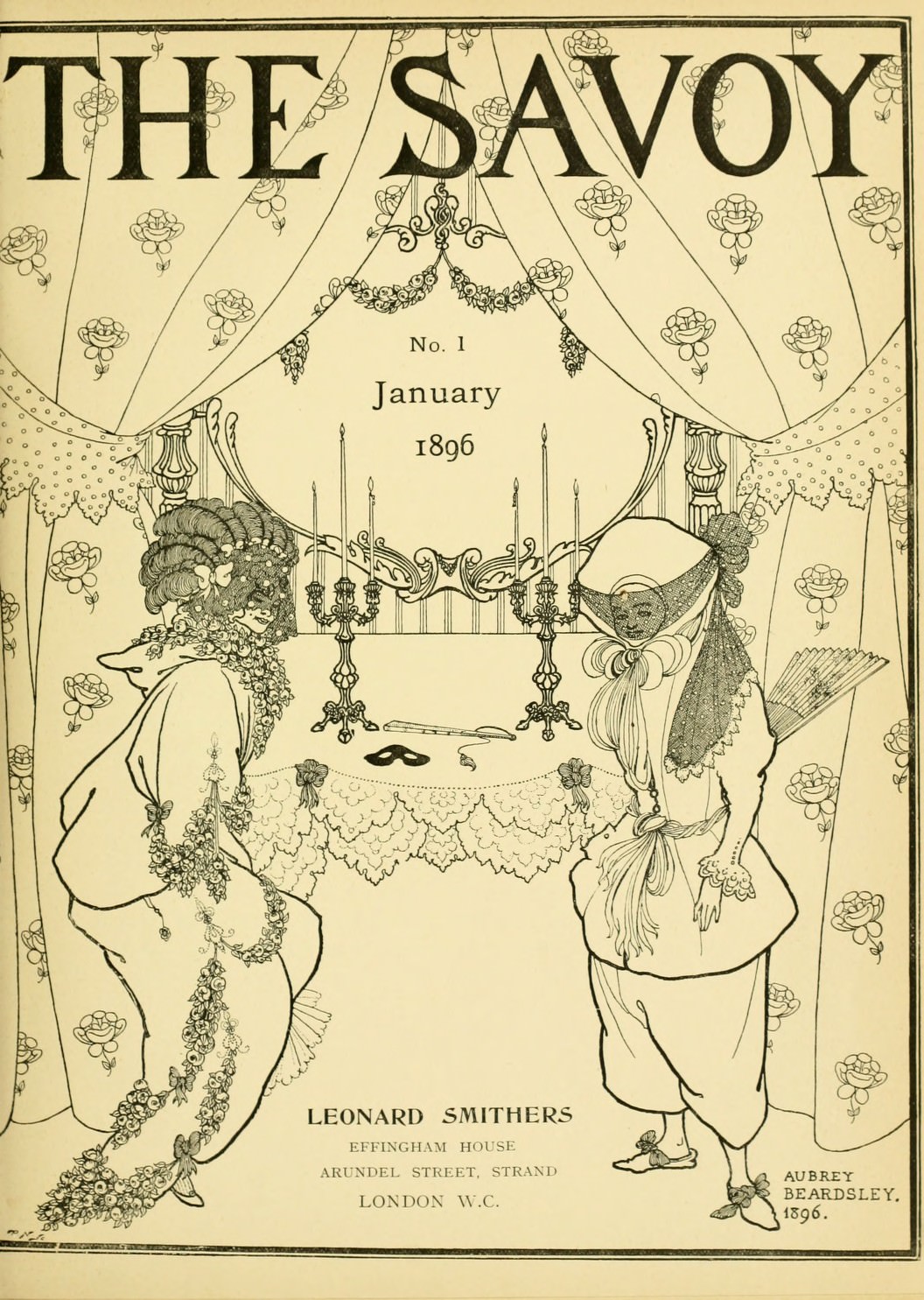Cover of a journal. Illustration shows two women in masked costumes standing at the curtained opening of a room that contains a table with two elaborate candelabras. The scene is drawn with bold or delicate black lines and hatching.