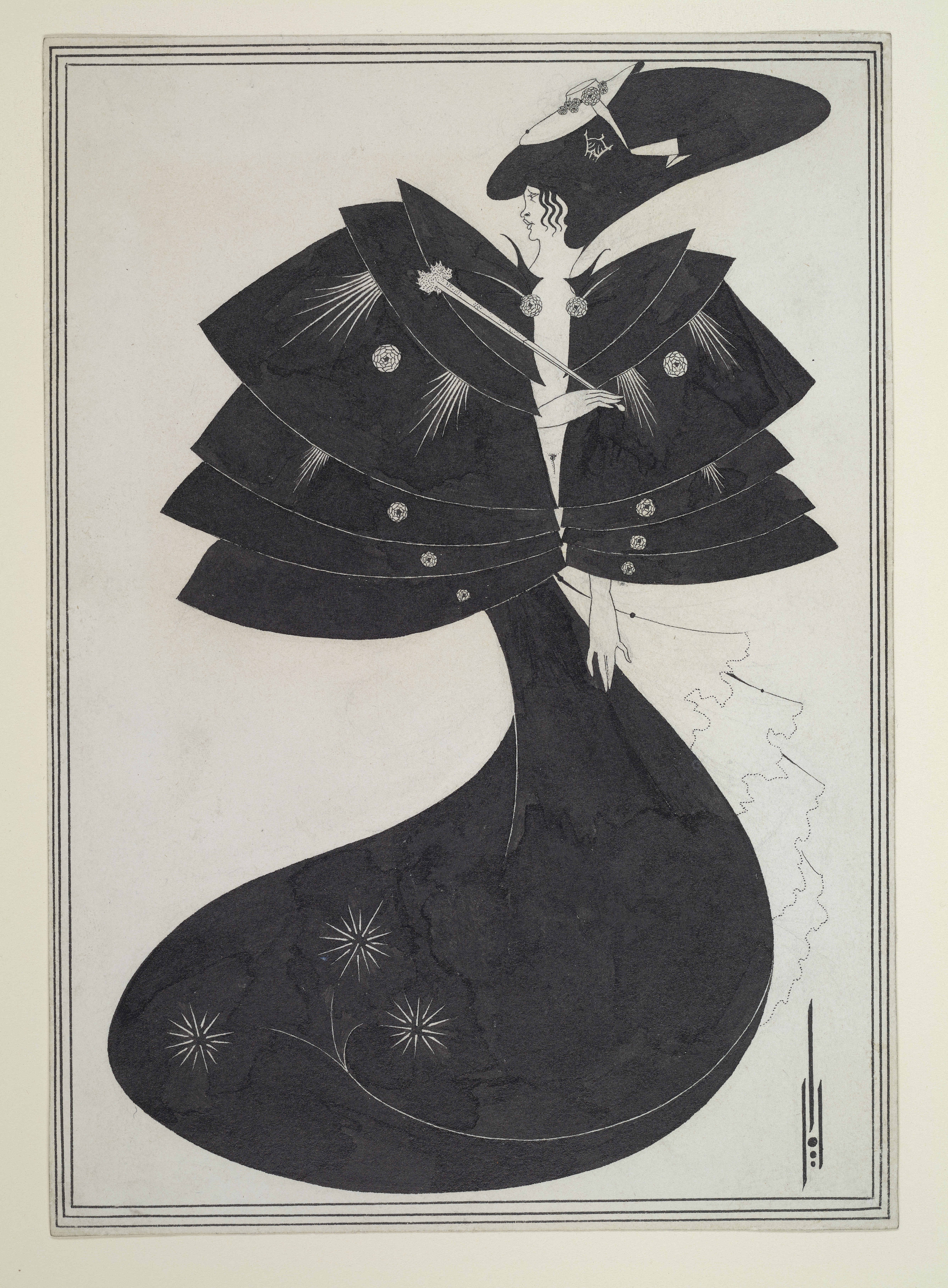 Drawing. A carefully delineated pool of dark black ink creates the tiered shoulders and sweeping, round train of a woman’s cape. The woman and her costume are drawn in a simplified, almost geometric style.