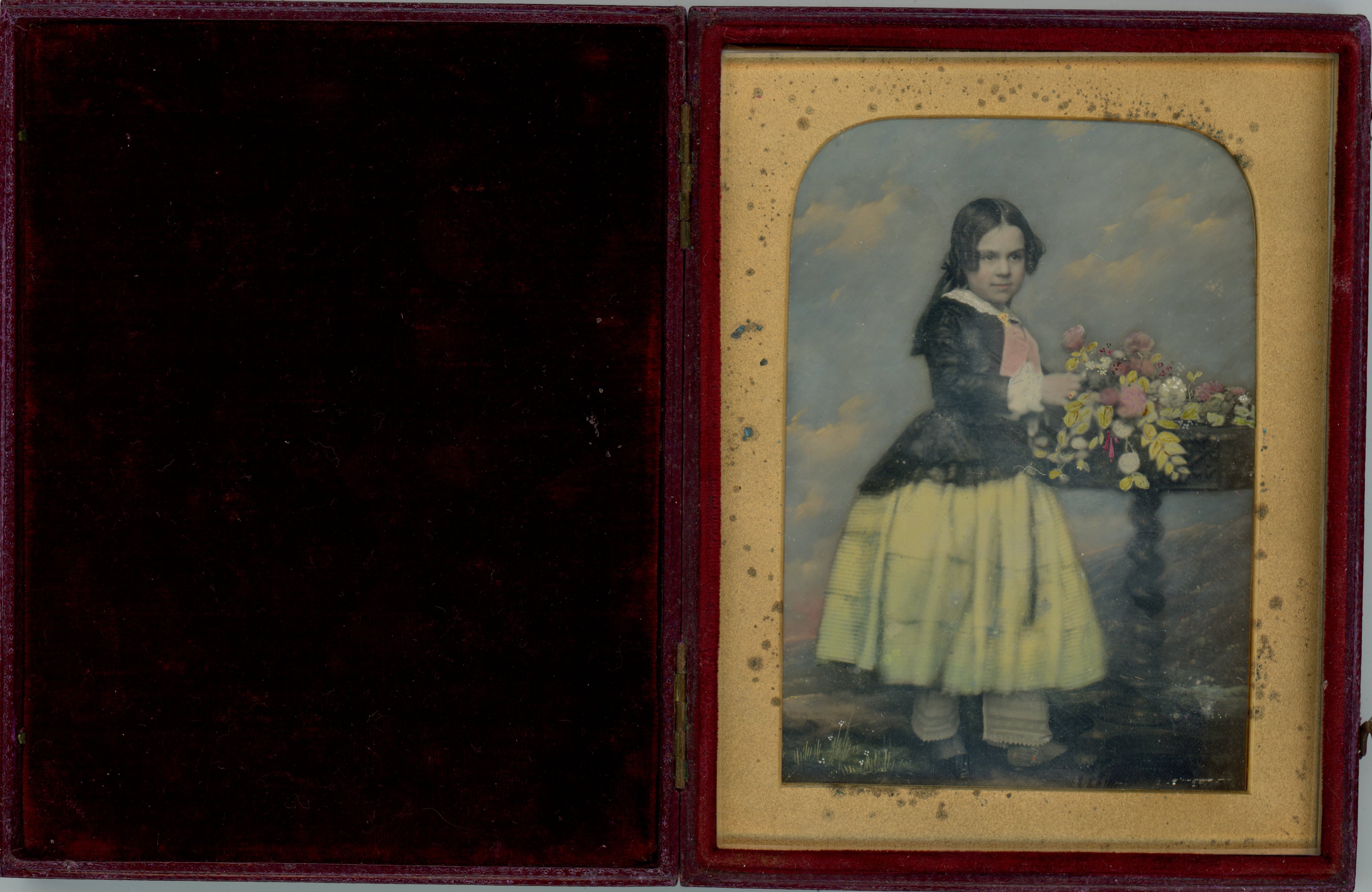 Daguerreotype in an open case. Full-length portrait of a young girl standing at a table holding flowers. Yellow, blue, and pink have been added to her skirt, sky, and the flowers. The lid of the case is flipped out to our left and lined with red fabric.