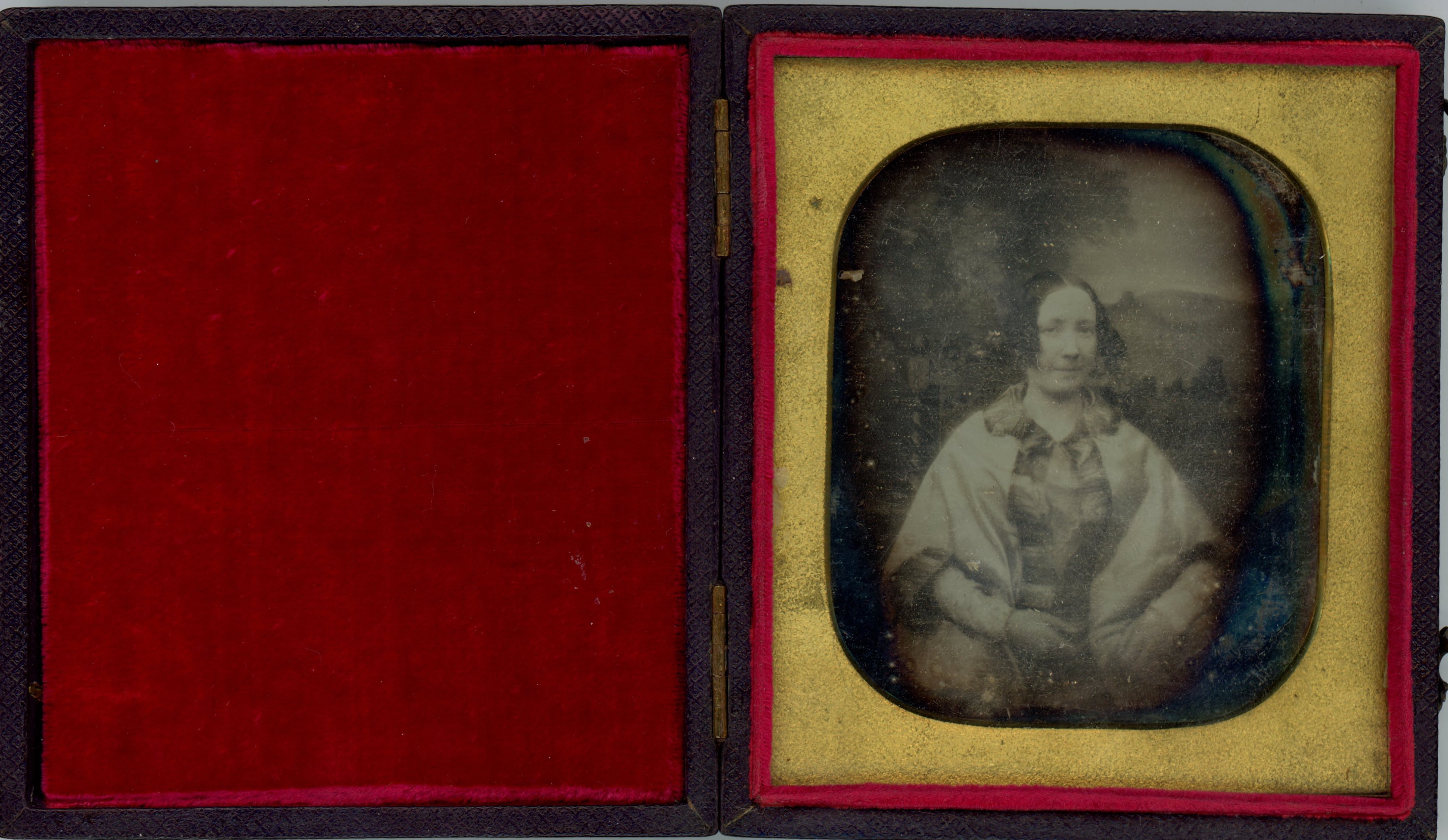 Daguerreotype. A pale-skinned woman with dark curls framing her long face looks at us and slightly smiles with thin lips. Her hands rest in her lap, and she is shown against a distant landscape. The gold mat is rounded at the corners.