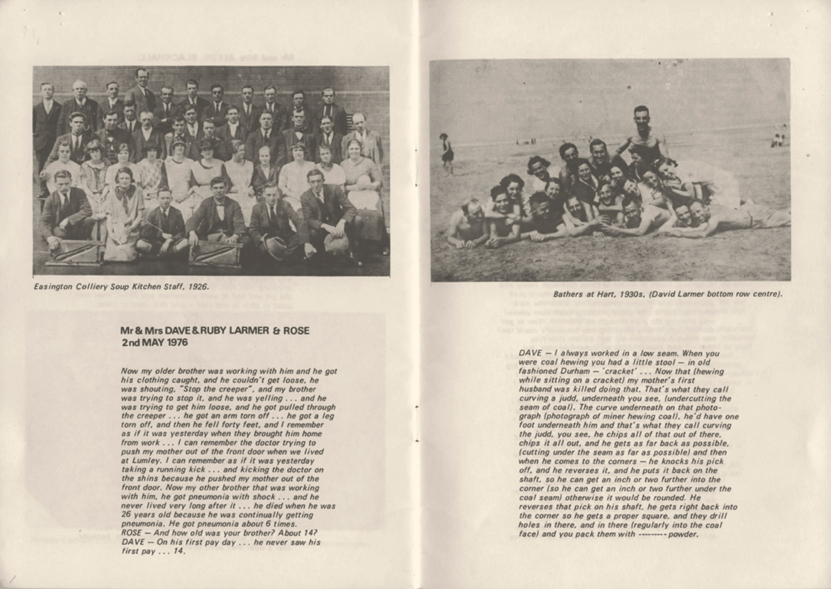 Pages of a publication. In a spread, each page has a picture of a group of people, all appearing to be pale skinned. Forty men and women sit and stand in tidy rows to our left, and twenty men and women lie in a pile on a beach to our right. Captions and text follow.