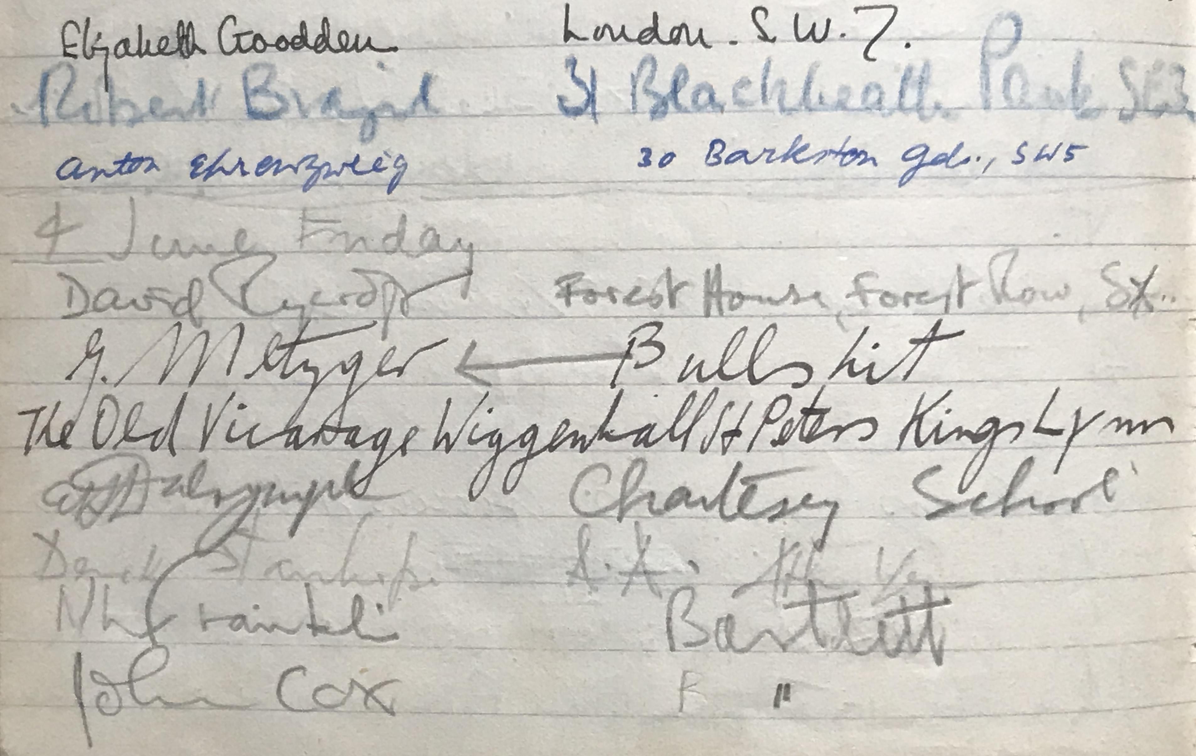 Page of a notebook. Ten names and addresses are written in pen, pencil, or blue coloured pencil on a lined notebook page. A date on the fourth line down reads, “4 June Friday”.