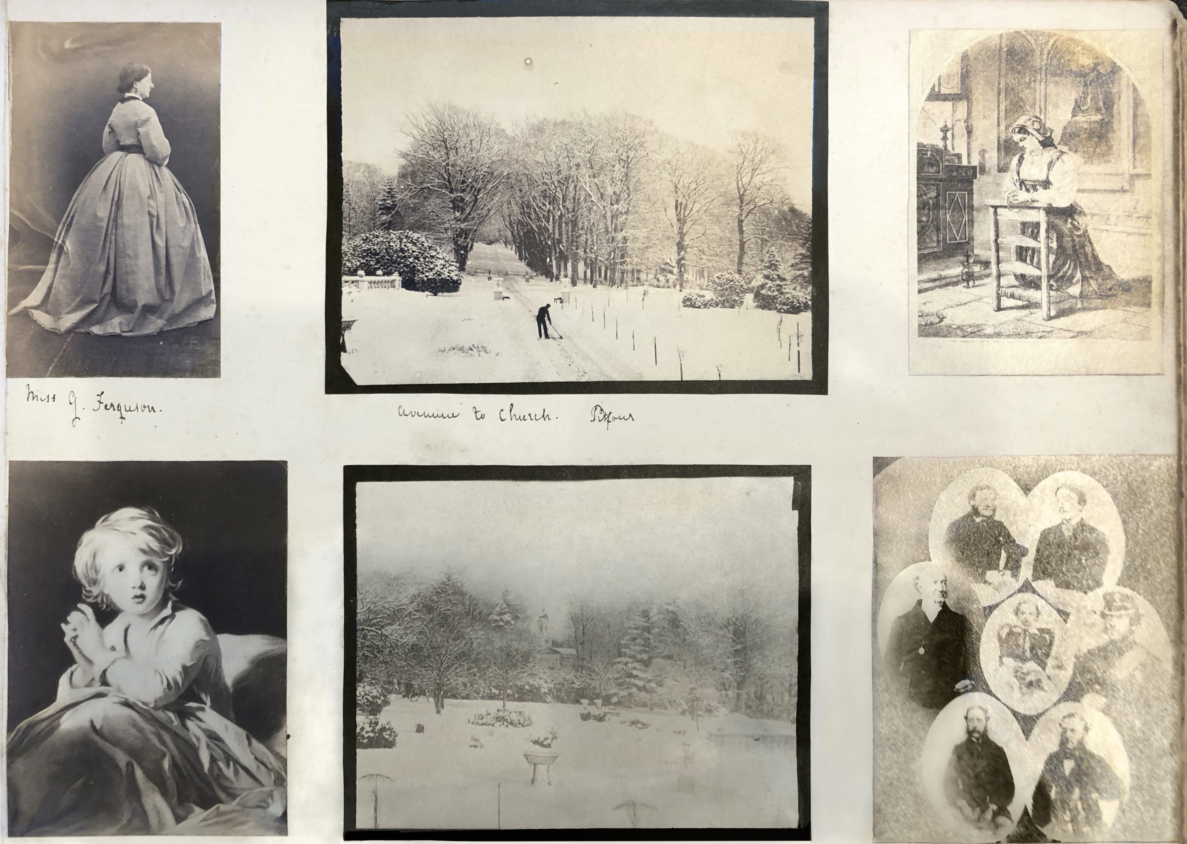Page of an album. Six black and white photographs and reproductions are affixed to a white page. The two centre photographs are of snowy landscapes. The top one is labelled possibly “Avenue” followed by “to Church Pitfour”. At the top left, a portrait of a pale-skinned woman facing away from us so we see her in profile facing our right is labelled “Miss G. Ferguson”.