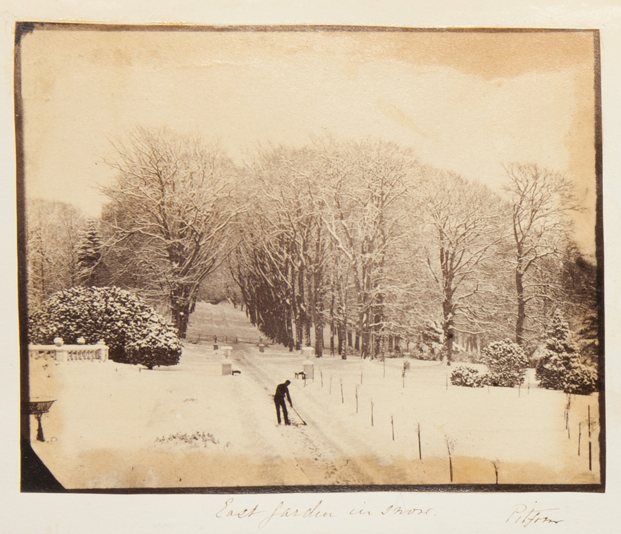 Black and white photograph. We look slightly down onto a worker in black silhouette against the white ground clearing snow from a lane. Snow-laden trees line the drive and enclose the space. The title is written in pen below along with the location, “Pitfour”.