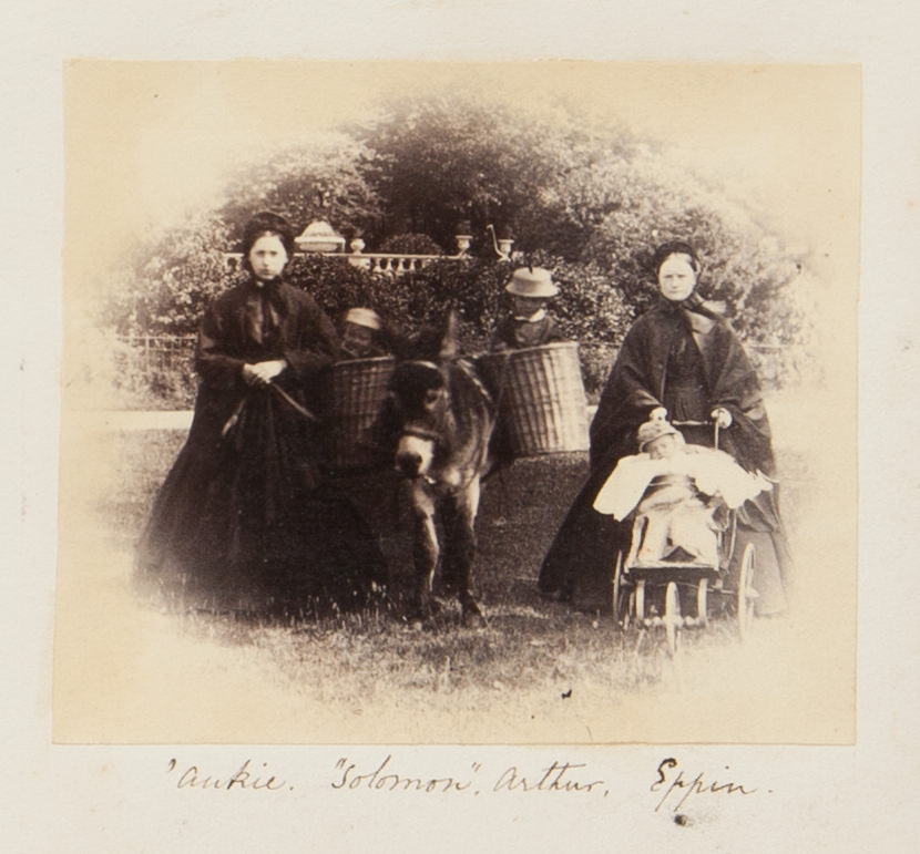 Black and white photograph. Two women with pale skin swathed in black dresses, cloaks, and bonnets stand to either side of a donkey. Two small children sit in baskets slung over either side of the donkey. A baby sleeps in a pram in front of one woman. Their names are written in pen below, “Aukie. ‘Soloman’. Arthur. Eppin”.