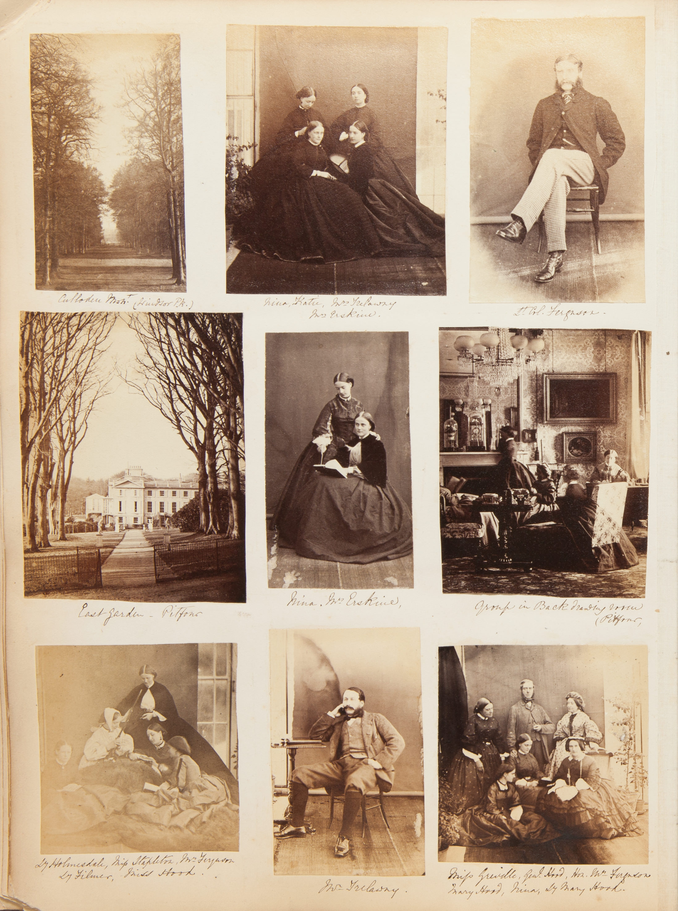 Page of an album. Nine black and white photographs are affixed to a page. Two are landscapes, and two are of single men. The others show, two, four, or more women gathered or posed in different spaces. There is handwriting below each photograph.