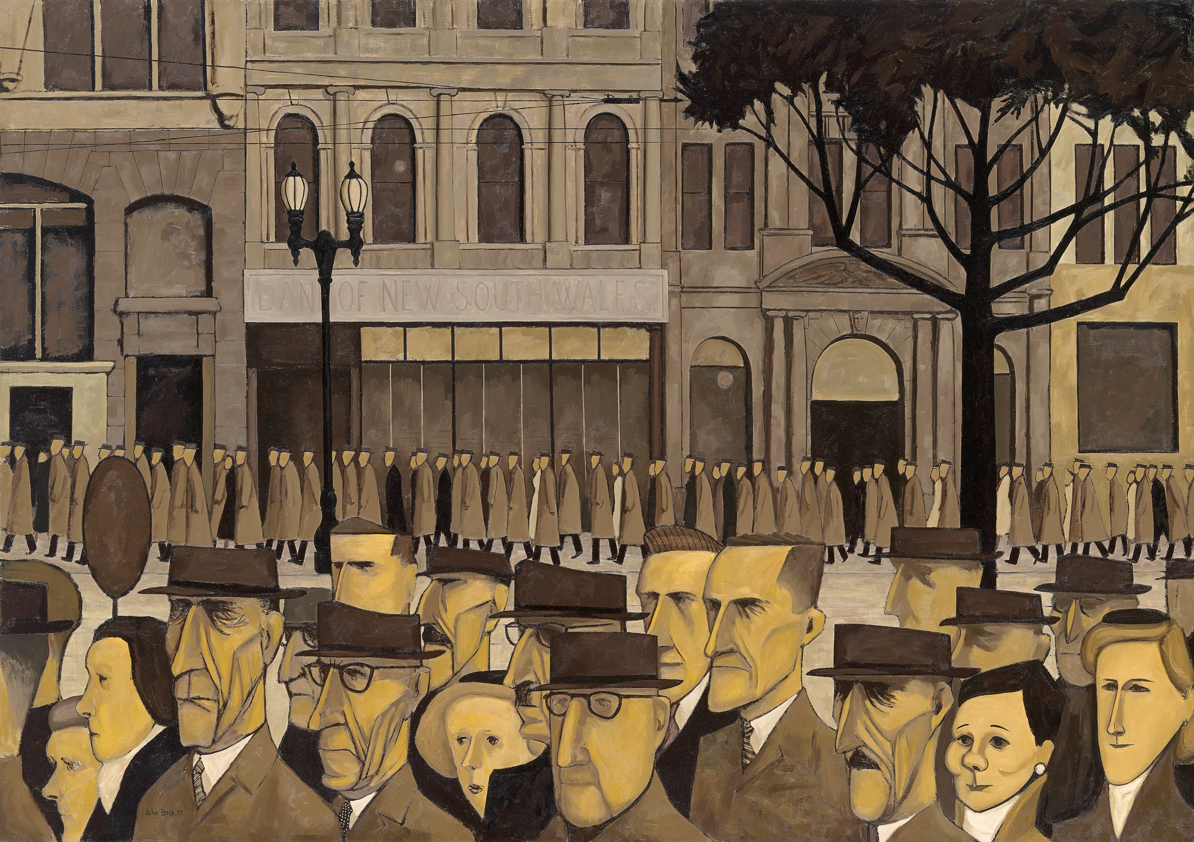 Painting. Dozens of men and women, all with yellow-tinged pale skin, walk in two rows on either side of a street, passing from right to left in front of us. The column of people closer to us have differentiated facial features but all wear brown or black coats, and many wear flat-topped hats. Those in the procession on the far side of the street have triangular dabs of yellowish-peach for faces and they all wear brown or black coats.
