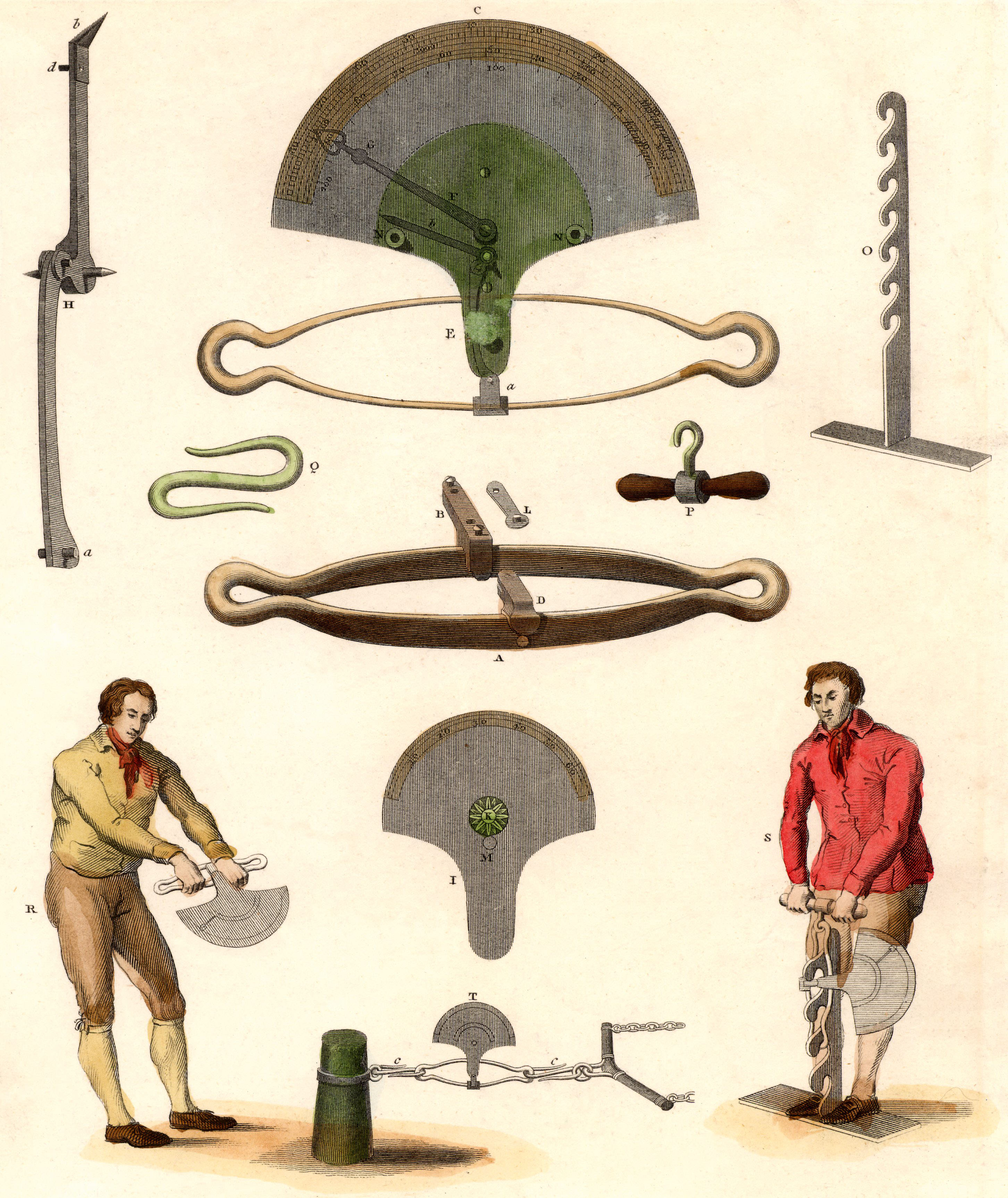 Illustration. Fan-shaped tools are affixed to bow-shaped devices and rods. Two pale-skinned men use tools with the device attached.