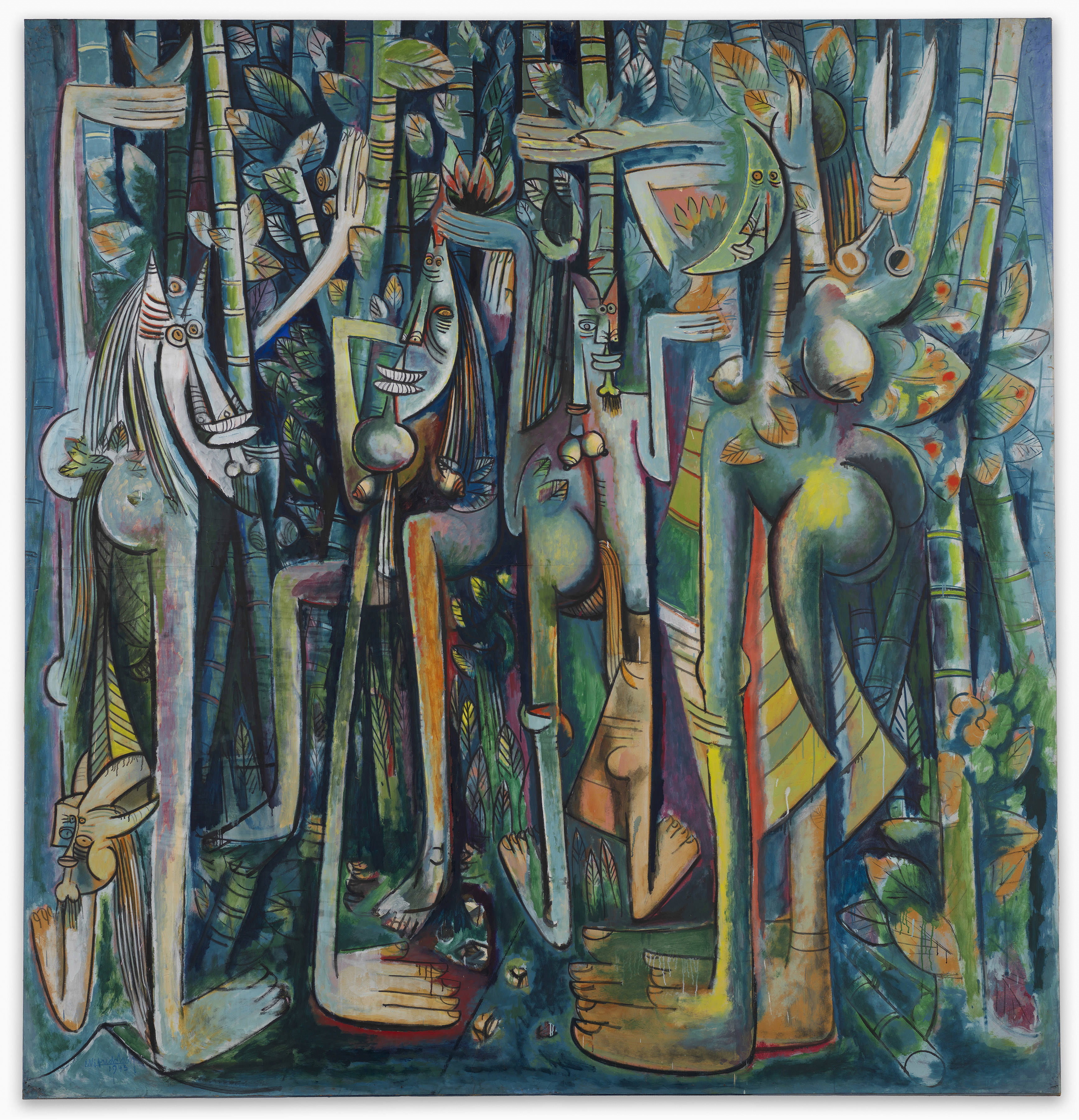 Painting. Stylized and abstracted faces, bodies, and oversized hands and feet blend into and among tall sugar cane stalks. The bodies and plants are densely packed and fill the entire canvas. The scene is painted in tones of sky blue, laurel green, canary yellow, terra cotta orange, a few touches of purplish-pink, and gray shadows.