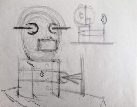Drawing. Spheres on top of cubes or stands resemble robots in these sketches. The configuration is shown twice: once angled to our right and once possibly in profile.