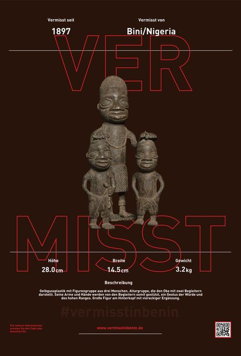 Poster. A bronze sculpture is at the centre with text above and below. The freestanding sculpture shows an adult resting hands on two children. They all have wide, exaggerated facial features and wear shorts or a short skirt. The title is in large letters outlined in red, and the rest of the text is white against a brown background.