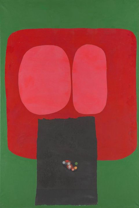 Collage. Flat areas of saturated colour are collaged against a grass-green background in this vertical composition. A scarlet-red square with rounded corners takes up most of the green area. On the red, two tall rose-pink ovals, one wide and one narrower, are above a black rectangle, which has a few coloured dots near its centre.