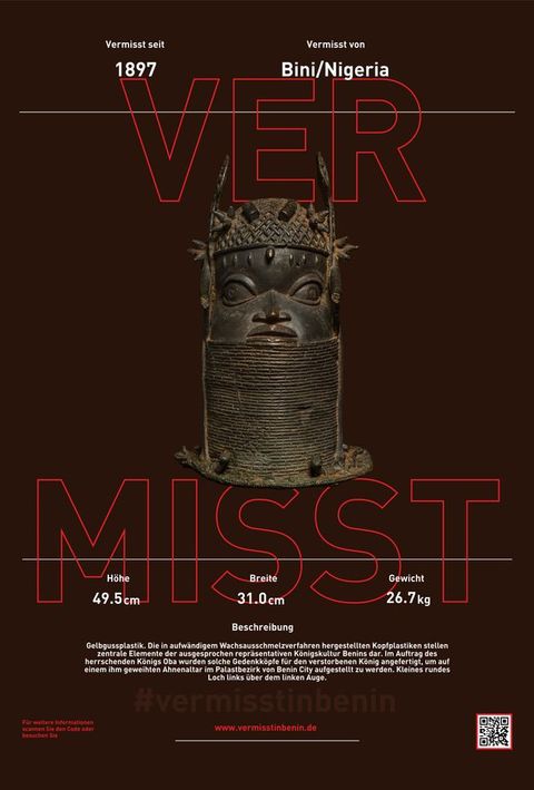 Poster. A bronze sculpture of a head is at the centre with text above and below. The crown of the head is covered with a net. Ornaments hang down the sides of the face and along the forehead. The face has exaggeratedly round cheeks and wide-open eyes. A tall choker comes up to just below the lower lip. The title of the poster is in large letters outlined in red, and the rest of the text is white against a brown background.