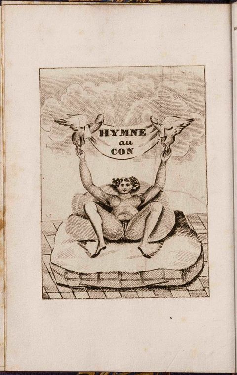 Illustration. A nude woman with her legs spread so her genitals face us as she lies back on a cushion. Her hands reach up to touch two winged, erect penises from which a banner with the title hangs.