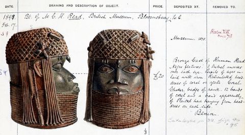 Illustration. A brass bronze head is painted in profile and frontal view under a column headed “Drawing and Description of Object”. A net covers the rounded head, and the facial features are stylized over a columnar choker that extends up the neck and to just below the lower lip. Handwriting in ink fills out the form.