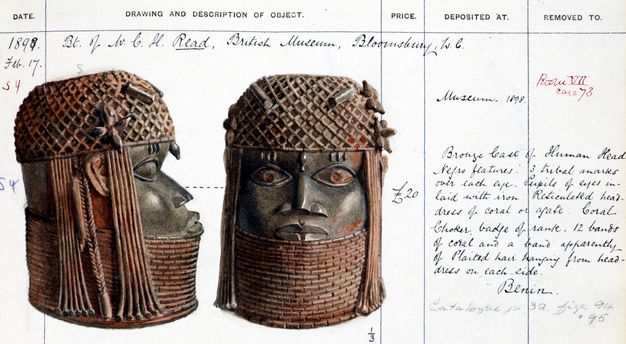 Illustration. A brass bronze head is painted in profile and frontal view under a column headed “Drawing and Description of Object”. A net covers the rounded head, and the facial features are stylized over a columnar choker that extends up the neck and to just below the lower lip. Handwriting in ink fills out the form.