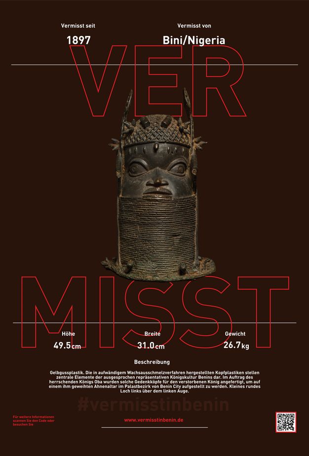 Poster. A bronze sculpture of a head is at the centre with text above and below. The crown of the head is covered with a net. Ornaments hang down the sides of the face and along the forehead. The face has exaggeratedly round cheeks and wide-open eyes. A tall choker comes up to just below the lower lip. The title of the poster is in large letters outlined in red, and the rest of the text is white against a brown background.