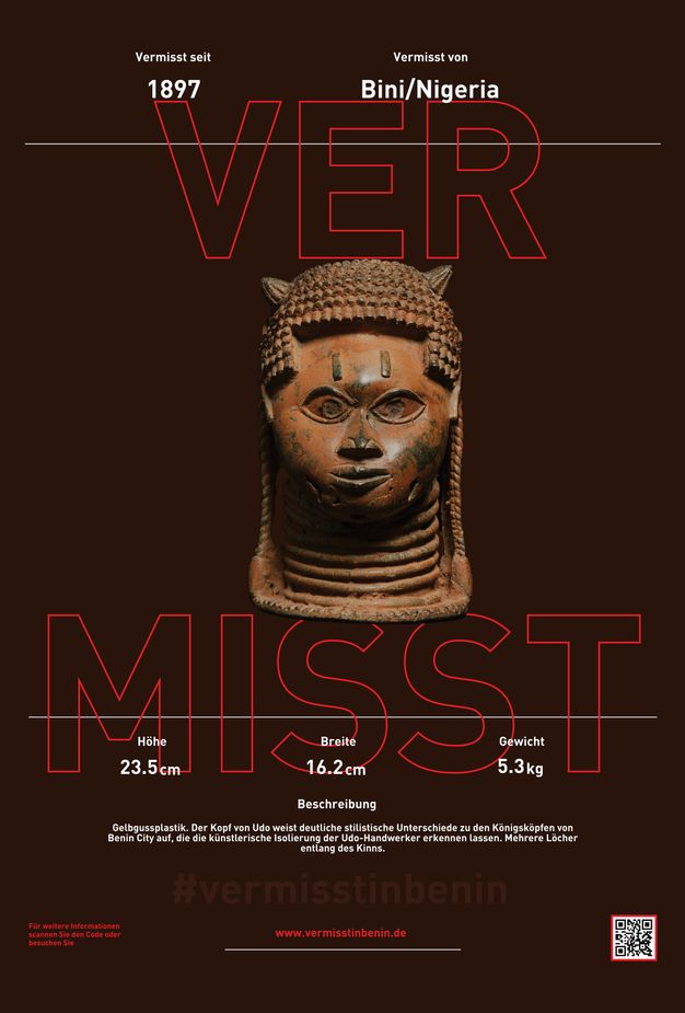 Poster. A sculpture of a head is at the centre with text above and below. Two short horns project from stylized, textured hair. The eyes are wide open, and rings are stacked up the neck. The title of the poster is in large letters outlined in red, and the rest of the text is white against a brown background.
