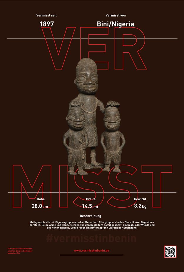 Poster. A bronze sculpture is at the centre with text above and below. The freestanding sculpture shows an adult resting hands on two children. They all have wide, exaggerated facial features and wear shorts or a short skirt. The title is in large letters outlined in red, and the rest of the text is white against a brown background.