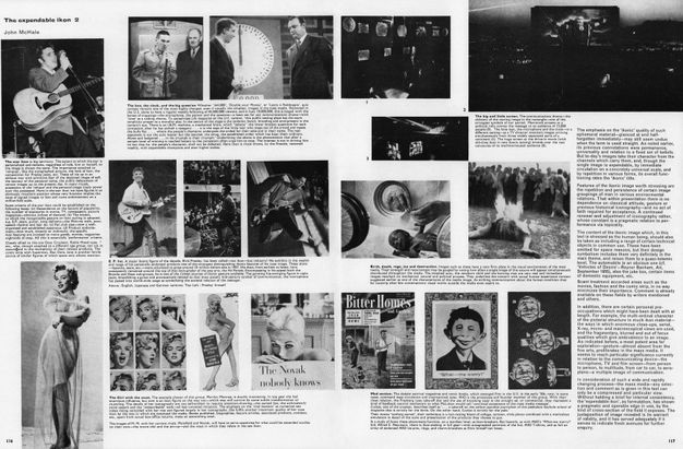 Journal spread. Eighteen black and white images are accompanied mostly by long, musing captions. Images include celebrities like Elvis Presley and Marilyn Monroe, stills of game shows, satirical publications like Mad magazine, and three images of death including a crashed car, a dead preterm baby, and a man on fire.