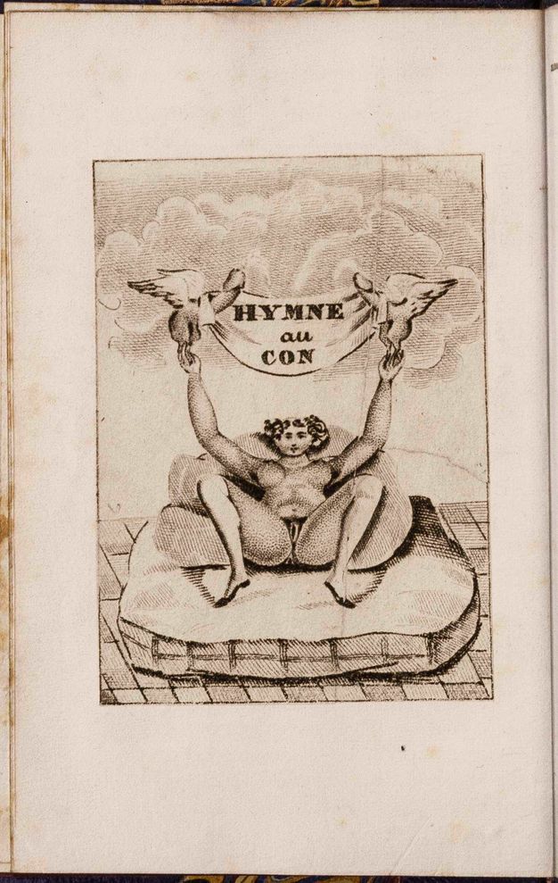 Illustration. A nude woman with her legs spread so her genitals face us as she lies back on a cushion. Her hands reach up to touch two winged, erect penises from which a banner with the title hangs.
