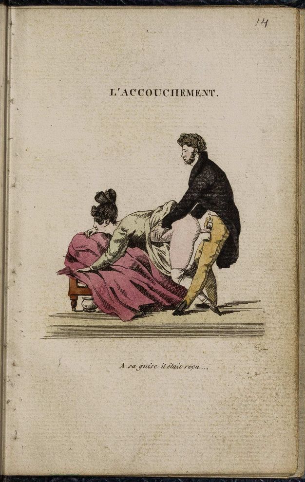 Illustration. A nearly fully clothed man penetrates a woman from behind. She lies over a cushion on a piece of furniture, her skirts pulled up around her waist in this hand-coloured etching.