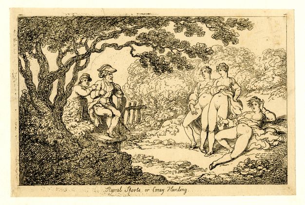 Print. Two men find three nearly nude women presenting their pudenda in a forest setting in this etching.