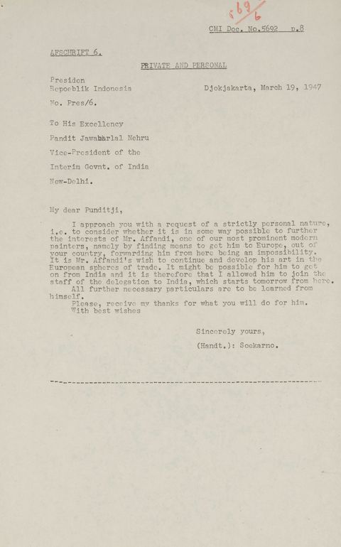 Typewritten letter. Signed “(Handt.): Soekarno” and addressed to “My dear Panditji” to ask for support for Mr. Affrandi.