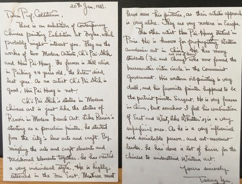 Handwritten letter. This two-page letter has text that reads, “There is an exhibition of Contemporary Chinese Painting Exhibition at Foyles, which probably might interest you”. The letter goes on to share information about two artists, Ch’i Pai Shih and Han Pei-Hung.