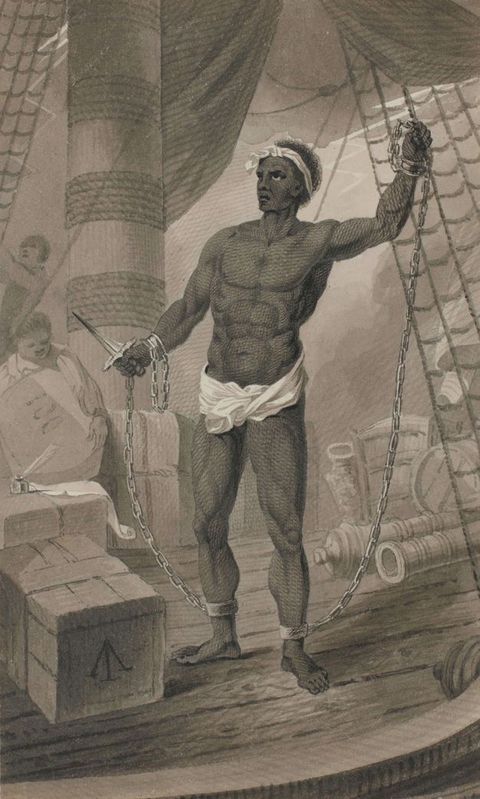 Drawing. A Black man stands holding a dagger in one hand as he grips the rigging of a ship with the other. His arms wrists are chained to his ankles. He wears only a white loincloth and white strip of cloth around his black hair. The pointed blade of the dagger is darkened. Two people work the rigging and move cargo behind him.