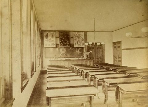 Black and white photograph. Twenty-five long tables are closely spaced in three rows in this hall-like room. Each table has a lip like a backsplash along one long edge. Diagrams and illustrations are hung on the far side of the room, and a few skeletons of animals sit on a ledge there.