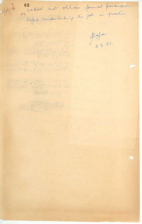 Handwritten document. On yellowed paper, a letter concludes, “need not obtain formal permission before undertaking the job in question”.