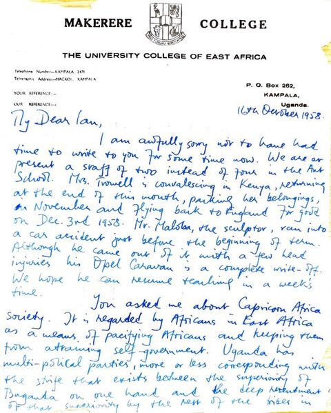 Handwritten letter. On letterhead from “Makerere College The University College of East Africa”, a letter explains some of the difficulties staff in the Art School have faced, as well as the “Capricorn Africa Society”.