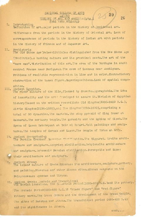 Typewritten document. Syllabus with the following sections: “Introduction”, “Prehistoric”, “Ancient Egyptian”, “Ancient Mesopotamian”, “Ancient Minoan”, and “Ancient Greek: Archaic and Transitional.” Each has a brief summary.