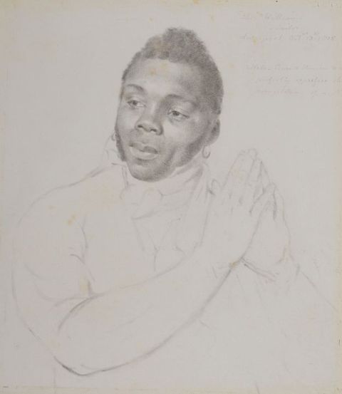 Drawing. The face and hair of a Black man are shaded in detail. He looks off to our left, his head tipped to our right. Hoops hang from each ear. His jacket, neck cloth, and hands, which are together, perhaps in prayer, are sketched in loose outlines.