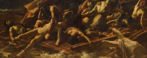 Painting. About a dozen people with pale, tanned, or brown skin twist, lie, or sit on a wooden raft in choppy waters.