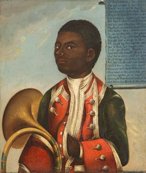 Painting. Shown from the waist up, a clean shaven young man with dark brown skin and short black hair looks at us from the corners of his eyes. He wears a red, dark green, and white a military uniform lined with shiny buttons. One hand is tucked into the front of his jacket and a brass horn is by his other side. A long inscription appears on a blue scroll in the upper right.
