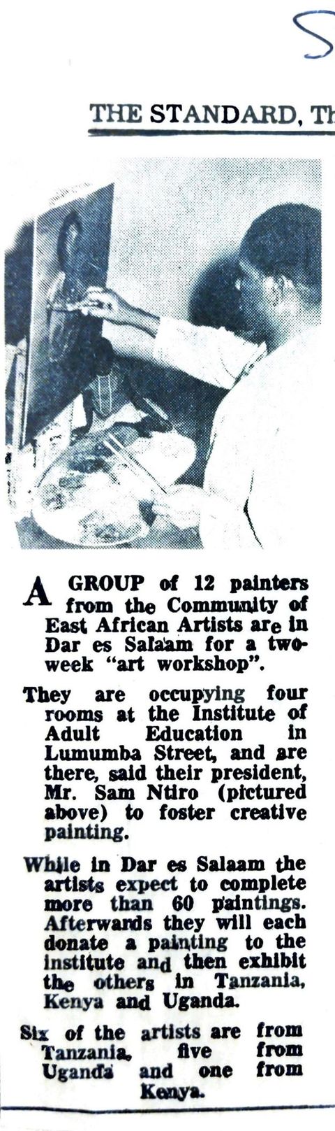 Newspaper clipping. Below a black and white photograph of Sam Nitro painting at an easel, text begins, “A group of 12 painters from the Community of East African Artists are in Dar es Salaam for a two-week ‘art workshop’”.