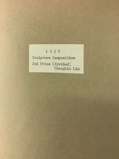 Typewritten label reads, “1958 Sculpture Composition 2nd Prize (divided) Chengkim Lim”.
