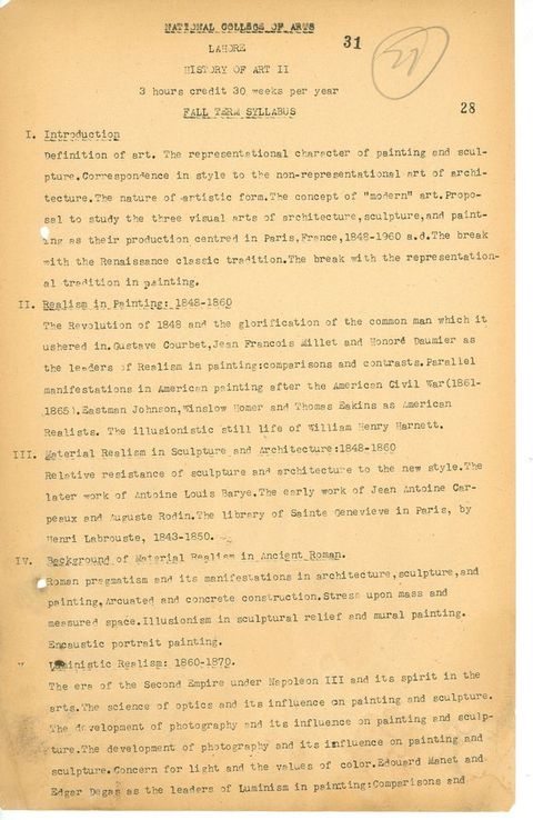 Typewritten document. Syllabus with the following sections: “Introduction”, “Realism in Painting: 1848-1860”, “Material Realism in Sculpture and Architecture: 1848-1860”, “Background of Material Realism in Ancient Roman”, and Luministic Realism: 1860-1870”. Each has a brief summary.