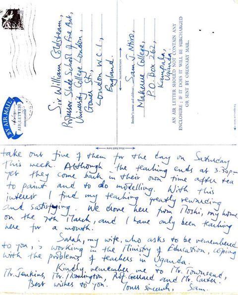 Handwritten letter. Half of this sheet concludes a note that reports, “Although the teaching ends at 3:30 pm yet they come back in their own time after tea to paint and to do modelling”. The other half of the sheet is the mailing information, acting as an air mail envelope.